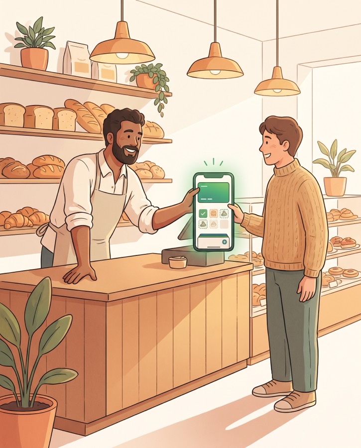 Un boulanger fait ajouter sa carte de fidélité au Wallet d'un client